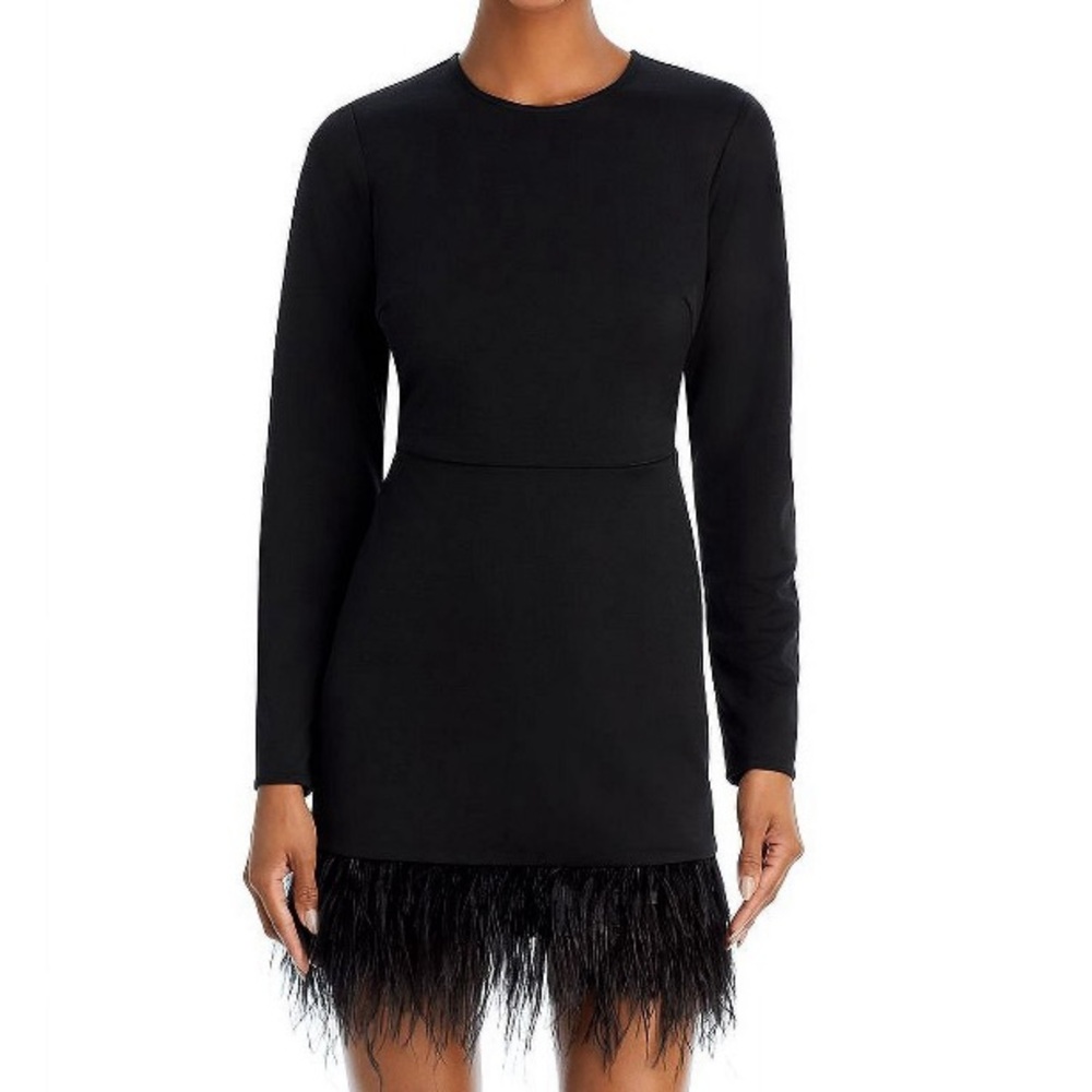 NWT Aqua BLACK Women's Faux Feather Trim Mini Dress